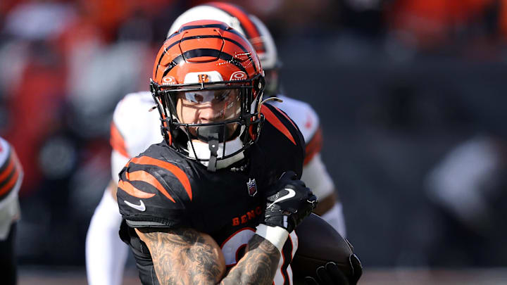 Dec 22, 2024; Cincinnati, Ohio, USA;  Cincinnati Bengals running back Chase Brown (30) runs during the first quarter against the Cleveland Browns at Paycor Stadium. Mandatory Credit: Joseph Maiorana-Imagn Images