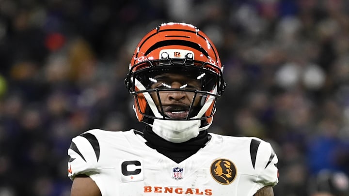 Nov 27, 2025; Baltimore, Maryland, USA; Cincinnati Bengals wide receiver Ja'Marr Chase (1) during the first half at M&T Bank Stadium. Mandatory Credit: Tommy Gilligan-Imagn Images