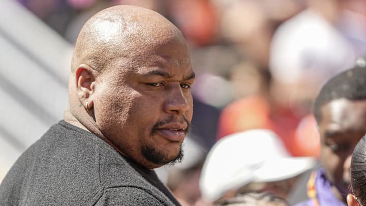 Former Clemson football defensive player Dexter Lawrence during the first half at the annnual Clemson Orange and White spring game at Memorial Stadium in Clemson, South Carolina Saturday, March 28, 2026.