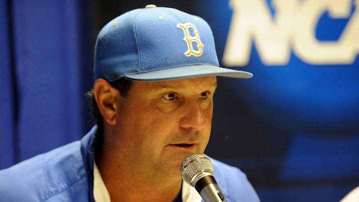 June 9, 2012; Los Angeles, CA, USA;  UCLA Bruins head coach John Savage (22) during a post game press conference. UCLA Bruins defeated the TCU Horned Frogs 4-1 in game two of the Los Angeles super regional at Jackie Robinson Stadium earning a trip to the college world series with the win. Mandatory Credit: Jayne Kamin-Oncea-Imagn Images