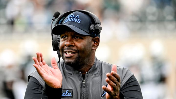 UCLA's interim head coach Tim Skipper celebrates after a Bruins touchdown against Michigan State during the third quarter on Saturday, Oct. 11, 2025, at Spartan Stadium in East Lansing.