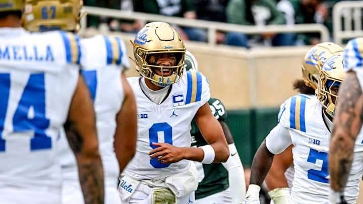 UCLA's Nico Iamaleava celebrates after Jaivian Thomas' touchdown against Michigan State during the third quarter on Saturday, Oct. 11, 2025, at Spartan Stadium in East Lansing.