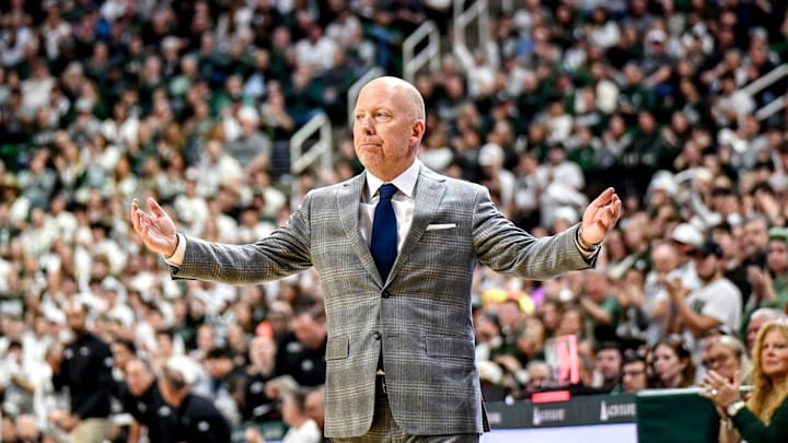 UCLA's head coach Mick Cronin reacts during the first half against Michigan State on Tuesday, Feb. 17, 2026, at the Breslin Center in East Lansing.