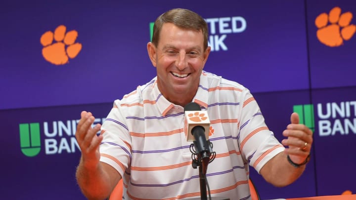 Clemson head coach Dabo Swinney talks during the Clemson football Media Outing & Open House at the Allen N. Reeves Football Complex in Clemson, S.C. Tuesday, July 16, 2024.