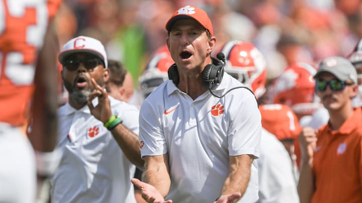 Sep 21, 2024; Clemson, South Carolina, USA; Clemson Tigers head coach Dabo Swinney reacts during the third quarter against the North Carolina State Wolfpack at Memorial Stadium. 