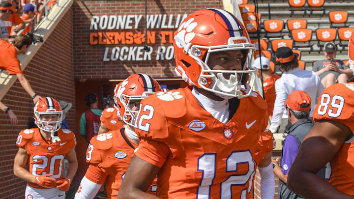 Sep 21, 2024; Clemson, South Carolina, USA; Clemson Tigers wide receiver Bryant Wesco Jr. (12) before a game against the North Carolina State Wolfpack at Memorial Stadium. Mandatory Credit: Ken Ruinard-Imagn Images