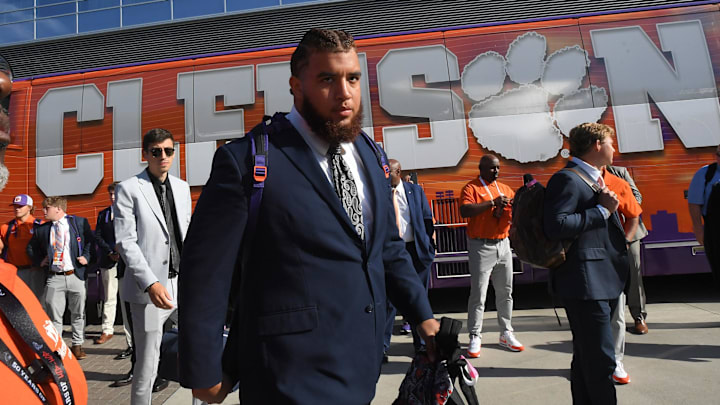 Aug 31, 2024; Atlanta, Georgia, USA;  Clemson offensive lineman Marcus Tate (74) before the 2024 Aflac Kickoff Game with University of Georgia at Mercedes-Benz Stadium. 