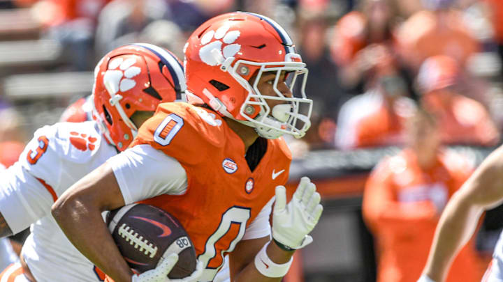 Clemson wide receiver Antonio Williams(0) runs during the Spring football game in Clemson, S.C. Saturday, April 6, 2024.