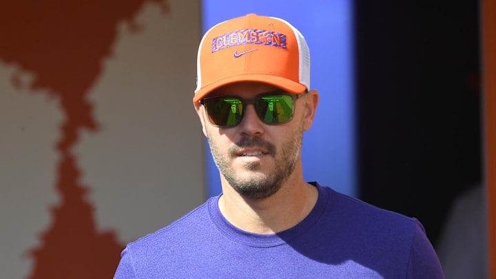 Sep 21, 2024; Clemson, South Carolina, USA; Clemson Tigers offensive coordinator Garrett Riley before a game against the North Carolina State Wolfpack at Memorial Stadium. 