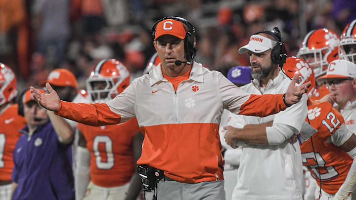 Nov 2, 2024; Clemson, South Carolina, USA; Clemson Tigers head coach Dabo Swinney reacts during the fourth quarter against the Louisville Cardinals at Memorial Stadium. Mandatory Credit: Ken Ruinard-Imagn Images