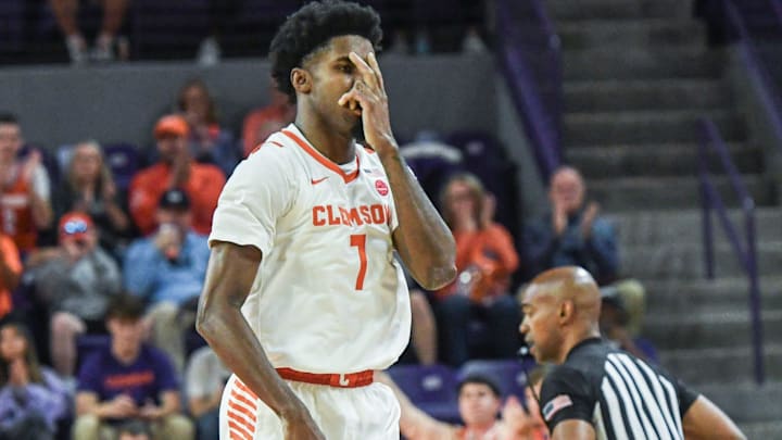 Clemson forward Chauncey Wiggins (7) reacts after making a three-point shot against Charleston Southern University during the first half at Littlejohn Coliseum in Clemson, S.C Monday, November 4, 2024. Clemson forward Chauncey Wiggins (7) reacts after making a three-point shot against Charleston Southern University during the first half at Littlejohn Coliseum in Clemson, S.C Monday, November 4, 2024.