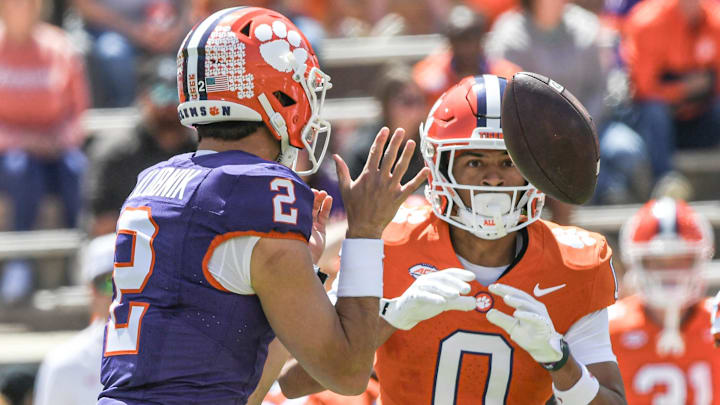 Clemson quarterback Cade Klubnik (2) pitches a ball to Clemson wide receiver Antonio Williams(0) during the first quarter of the Spring football game in Clemson, S.C. Saturday, April 6, 2024.