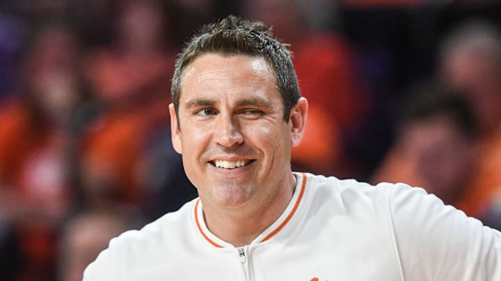 Clemson Coach Shawn Poppie smiles in the game with South Carolina Gamecocks during the first quarter at Littlejohn Coliseum Wednesday, November 20, 2024; Clemson, SC, USA. Clemson Coach Shawn Poppie smiles in the game with South Carolina Gamecocks during the first quarter at Littlejohn Coliseum Wednesday, November 20, 2024; Clemson, SC, USA.