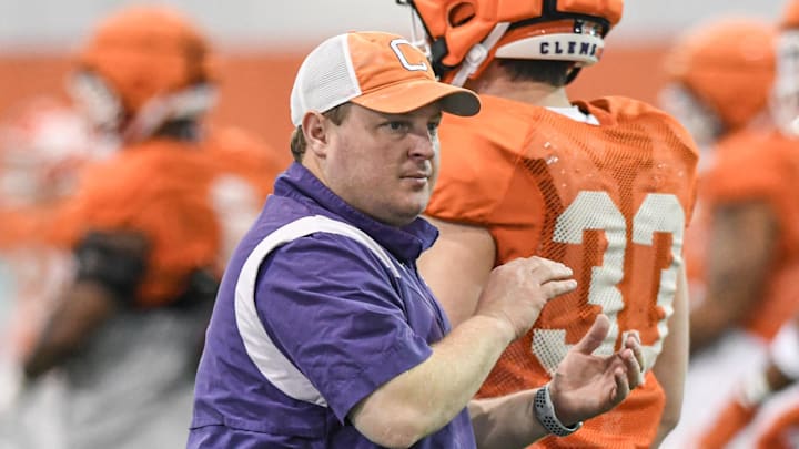 Clemson defensive coordinator Wes Goodwin during Spring football practice at the Poe Indoor Practice Facility at the Allen N. Reeves football complex in Clemson S.C. Monday, March 4, 2024.