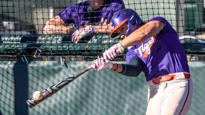 Clemson junior Andrew Ciufo (5) bats during practice at Doug Kingsmore Stadium in Clemson, S.C. Tuesday, February 13, 2024.