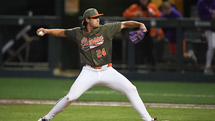 Clemson junior Joe Allen(24) pitches to Gardner-Webb University during the top of the third inning at Doug Kingsmore Stadum in Clemson, S.C. Wednesday, April 9, 2025. Clemson junior Joe Allen(24) pitches to Gardner-Webb University during the top of the third inning at Doug Kingsmore Stadum in Clemson, S.C. Wednesday, April 9, 2025.