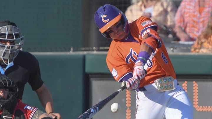 Clemson infielder Josh Paino (8) bats against University of Louisville during the bottom of the fifth inning at Doug Kingsmore Stadum in Clemson, S.C. Friday, April 18, 2025. Clemson infielder Josh Paino (8) bats against University of Louisville during the bottom of the fifth inning at Doug Kingsmore Stadum in Clemson, S.C. Friday, April 18, 2025.