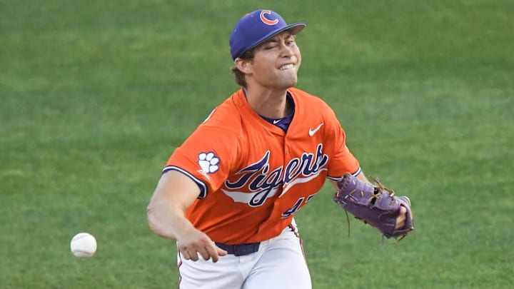 Clemson senior Lucas Mahlstedt (47) closes out the game against University of Louisville during the top of the ninth inning at Doug Kingsmore Stadum in Clemson, S.C. Friday, April 18, 2025.