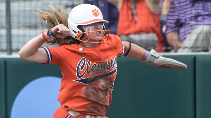Clemson senior Maddie Moore (28) celebrates scoring against USC Upstate during the bottom of the fifth inning of the NCAA Softball Tournament Clemson Regional at McWhorter Stadium in Clemson Friday, May 16, 2025.