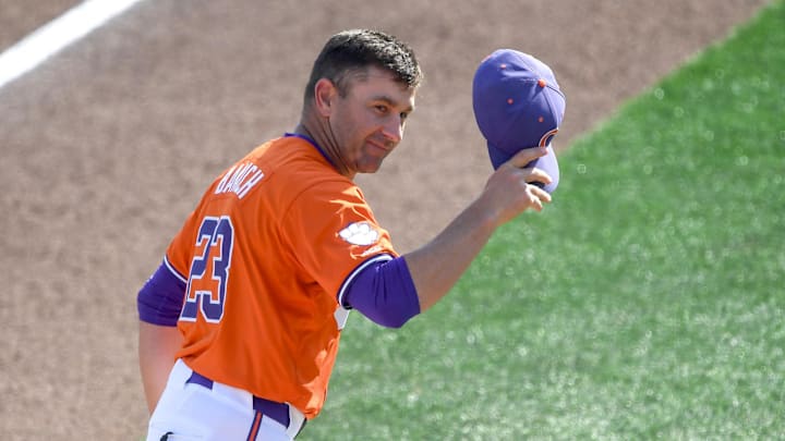 Clemson Head Coach Erik Bakich waves to the crowd before the game with University of Louisville at Doug Kingsmore Stadium in Clemson, S.C. Friday, April 18, 2025.