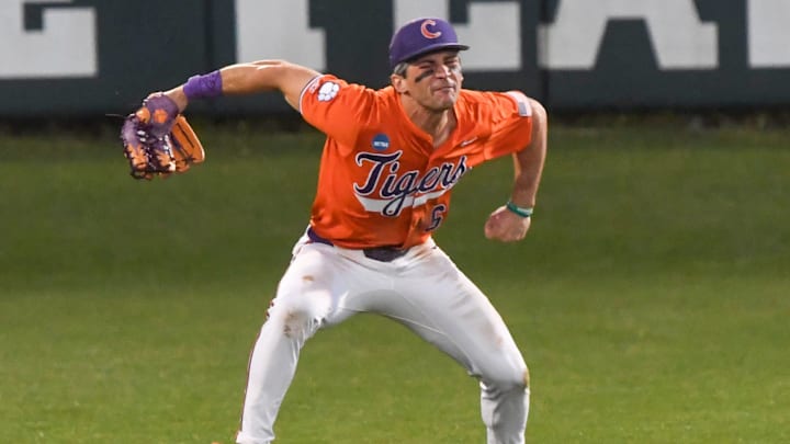 Clemson outfielder Dominic Listi (6) makes a diving catch for the third out against University of South Carolina Upstate during the top of the fifth inning at the NCAA baseball Clemson Regional at Doug Kingsmore Stadium in Clemson, S.C. Friday, May 30, 2025.