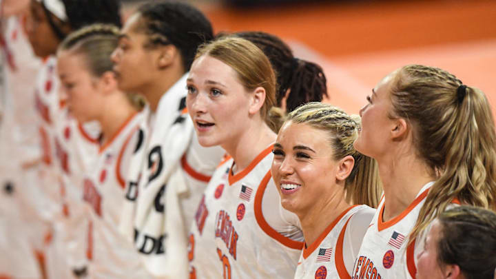 Nov 4, 2024; Clemson, SC, USA; Clemson players join in the alma mater after playing Jackson State University  at Littlejohn Coliseum in Clemson, S.C. Monday, Nov 4, 2024.  Mandatory Credit: Ken Ruinard/USA TODAY Network via Imagn Images 
