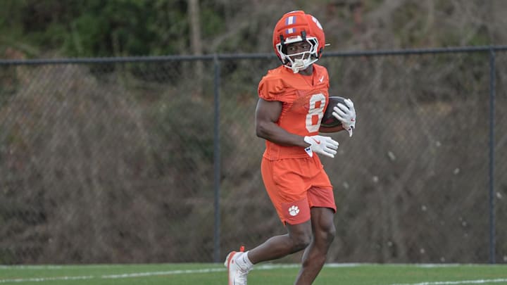 Clemson running back Gideon Davidson (8) during the first Spring football practice open to media in Clemson, SC Friday, Feb 27, 2026.