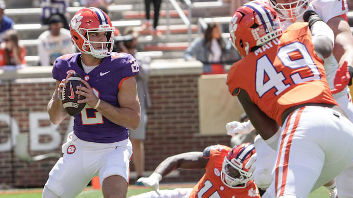 Clemson quarterback Tait Reynolds (2) during the first half at the annnual Clemson Orange and White spring game at Memorial Stadium in Clemson, South Carolina Saturday, March 28, 2026. Clemson quarterback Tait Reynolds (2) during the first half at the annnual Clemson Orange and White spring game at Memorial Stadium in Clemson, South Carolina Saturday, March 28, 2026.