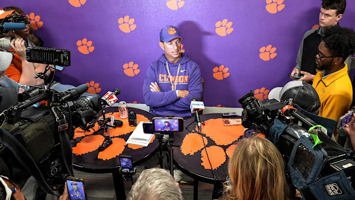 Clemson head coach Dabo Swinney talks with media after the annnual Clemson Orange and White spring game at Memorial Stadium in Clemson, South Carolina Saturday, March 28, 2026.