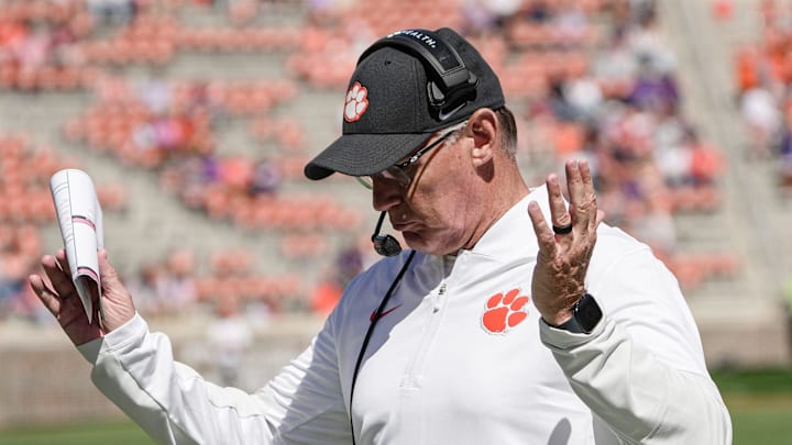 Clemson defensive coordinator Tom Allen during the fourth quarter at the annnual Clemson Orange and White spring game at Memorial Stadium in Clemson, South Carolina Saturday, March 28, 2026.