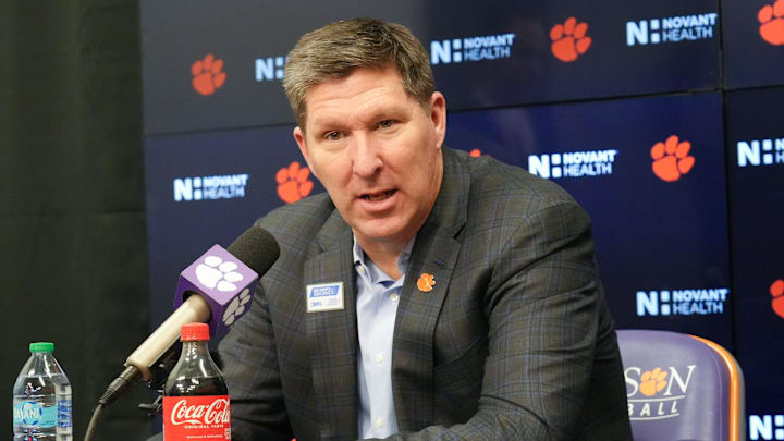 Clemson Head Coach Brad Brownell talks with media after a 63-52 win over Pitt at Littlejohn Coliseum in Clemson, S.C Saturday, January 31, 2025. The Brownell led Tigers beat Pitt 63-52 and earned him his 200th home coaching win.