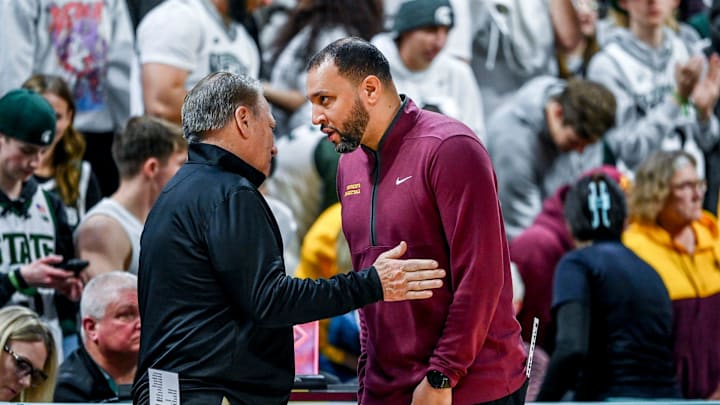Michigan State's head coach Tom Izzo, left, talks with Minnesota's head coach Ben Johnson after the Spartans victory over the Golden Gophers on Tuesday, Jan. 28, 2025, at the Breslin Center in East Lansing.