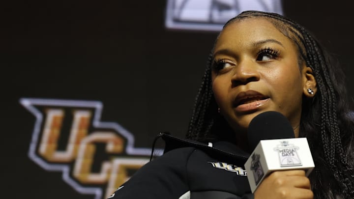Oct 21, 2025; Kansas City, MO, USA; UCFís Leah Harmon speaks to media during Big 12 Womenís Basketball Media Day at T-Mobile Center. Mandatory Credit: Sophia Scheller-Imagn Images