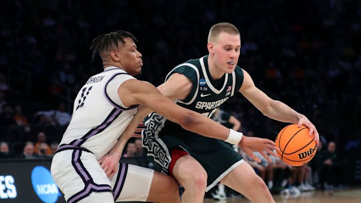 Michigan State forward Joey Hauser drives against Kansas State forward Keyontae Johnson during the first half of MSU's 98-93 overtime loss in the Sweet 16 on Thursday, March 23, 2023, in New York.
Msuku 032323 Kd2526 Michigan State forward Joey Hauser drives against Kansas State forward Keyontae Johnson during the first half of MSU's 98-93 overtime loss in the Sweet 16 on Thursday, March 23, 2023, in New York.
Msuku 032323 Kd2526