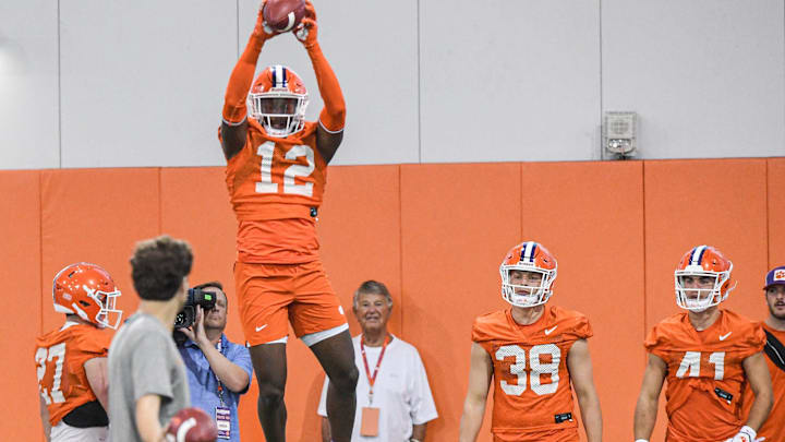 Clemson safety Sherrod Covil Jr (12) catches a ball in a drill during practice at the Poe Indoor Facility in Clemson Monday, August 8, 2022.

Clemson Football Practice Aug 8 2022