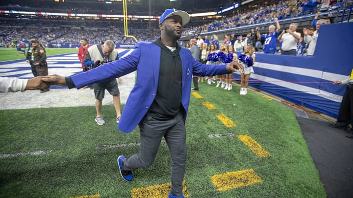 Reggie Wayne, former Colts wide receiver, during the halftime ceremony for Dwight Freeney, Miami Dolphins at Indianapolis Colts, Sunday, Nov. 10, 2019.

Dolphins At Colts