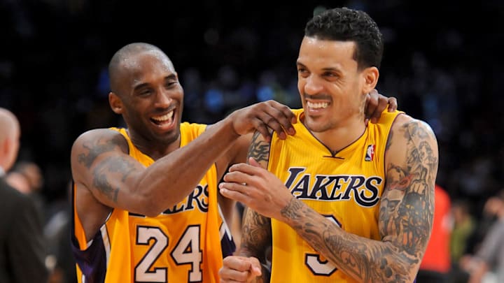 March 23, 2012; Los Angeles, CA, USA; Los Angeles Lakers shooting guard Kobe Bryant (24) laughs with small forward Matt Barnes (9) at the end of the game against the Portland Trail Blazers at the Staples Center. Lakers won 103-96. Mandatory Credit: Jayne Kamin-Oncea-Imagn Images March 23, 2012; Los Angeles, CA, USA; Los Angeles Lakers shooting guard Kobe Bryant (24) laughs with small forward Matt Barnes (9) at the end of the game against the Portland Trail Blazers at the Staples Center. Lakers won 103-96. Mandatory Credit: Jayne Kamin-Oncea-Imagn Images