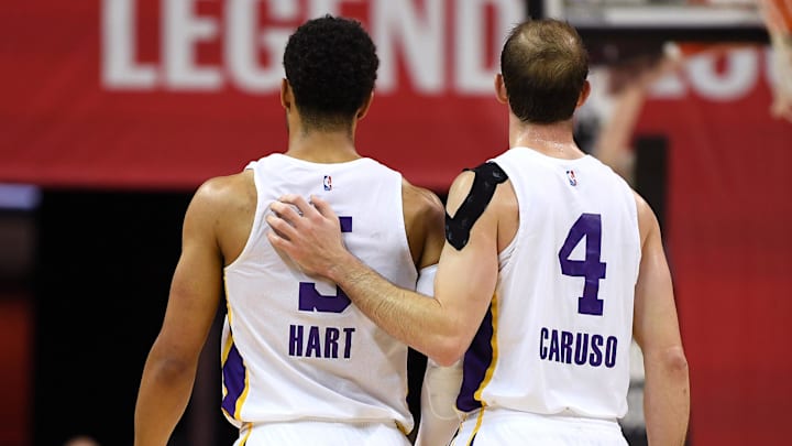 Jul 17, 2018; Las Vegas, NV, USA; Los Angeles Lakers guard Josh Hart (5) is walked off the court by Los Angeles Lakers guard Alex Caruso (4) after he fouled out of the NBA Summer League championship against the Portland Trail Blazers at Thomas & Mack Center. Mandatory Credit: Stephen R. Sylvanie-Imagn Images