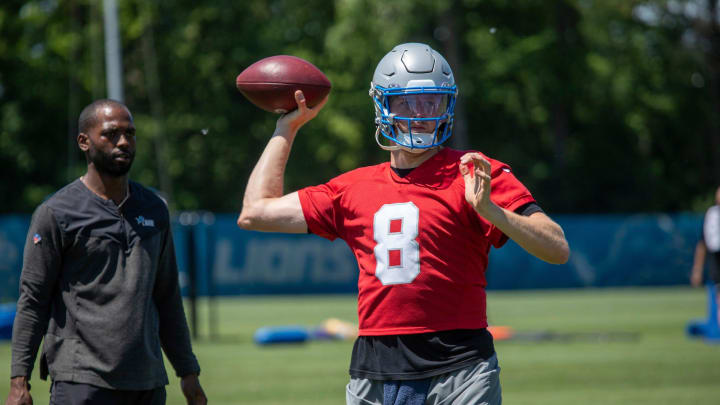 Lions backup quarterback Nate Sudfeld practices during the organized team activities in Allen Park on Thursday, May 23, 2024. Lions backup quarterback Nate Sudfeld practices during the organized team activities in Allen Park on Thursday, May 23, 2024.