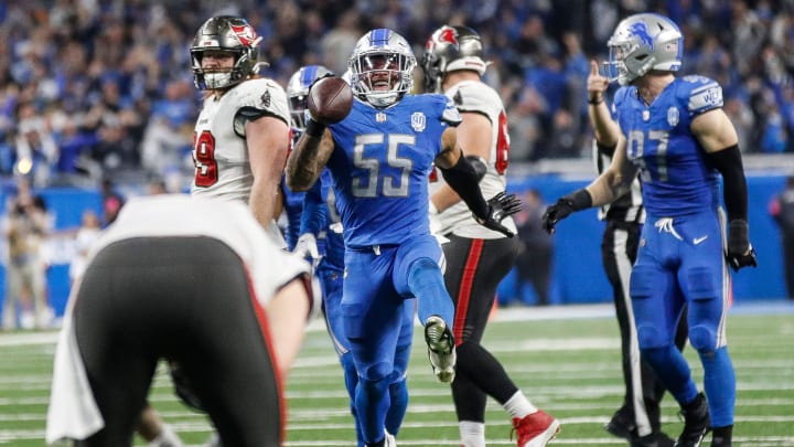 Detroit Lions linebacker Derrick Barnes (55) celebrates an interception from Tampa Bay Buccaneers quarterback Baker Mayfield (6) during the second half of the NFC divisional round at Ford Field in Detroit on Sunday, Jan. 21, 2024. Detroit Lions linebacker Derrick Barnes (55) celebrates an interception from Tampa Bay Buccaneers quarterback Baker Mayfield (6) during the second half of the NFC divisional round at Ford Field in Detroit on Sunday, Jan. 21, 2024.