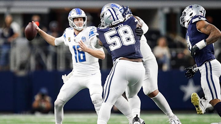 Lions quarterback Jared Goff makes a pass against Dallas Cowboys. Lions quarterback Jared Goff makes a pass against Dallas Cowboys.