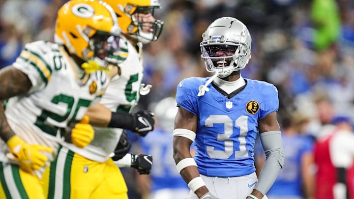 Detroit Lions safety Kerby Joseph celebrates a play against the Green Bay Packers. Detroit Lions safety Kerby Joseph celebrates a play against the Green Bay Packers.