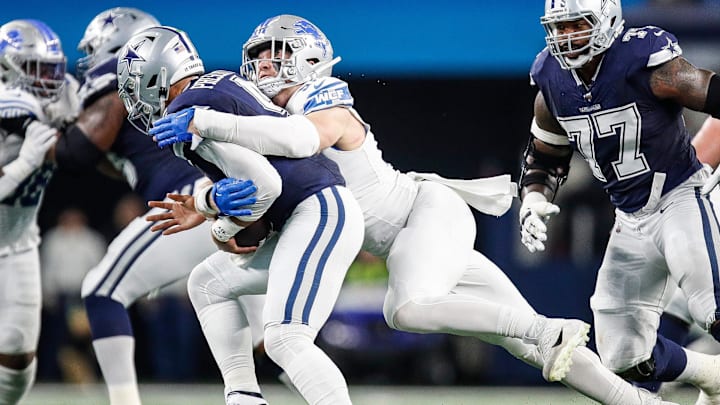 Lions defensive end Aidan Hutchinson sacks Cowboys quarterback Dak Prescott during the first half at AT&T Stadium in Arlington, Texas on Saturday, Dec. 30, 2023.