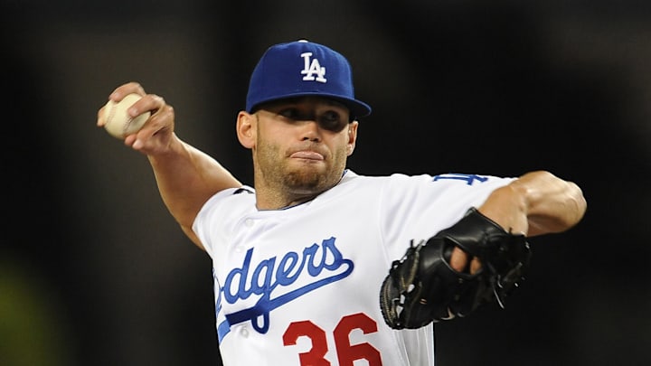June 17, 2011; Los Angeles, CA, USA;   Los Angeles Dodgers relief pitcher Blake Hawksworth (36) against the Houston Astros at Dodger Stadium.  Astros won 7-3. Mandatory Credit: Jayne Kamin-Oncea-Imagn Images