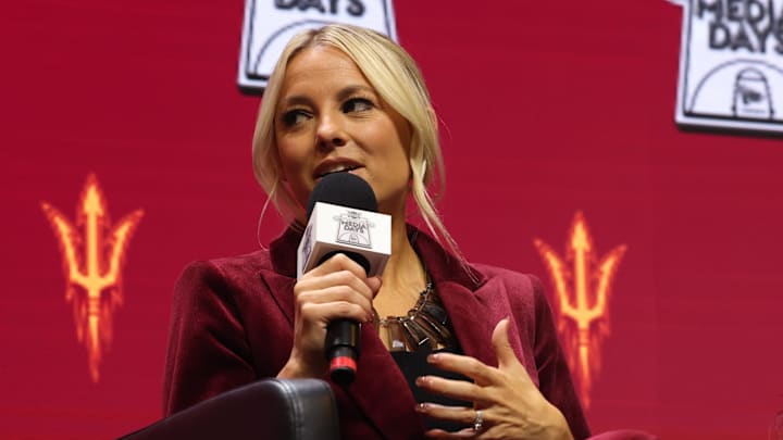 Oct 21, 2025; Kansas City, MO, USA; Arizona State head coach Molly Miller speaks to media during Big 12 Womenís Basketball Media Day at T-Mobile Center. Mandatory Credit: Sophia Scheller-Imagn Images