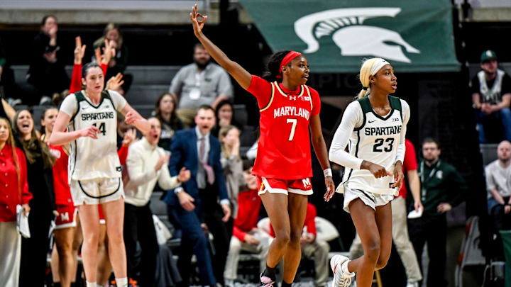 Maryland's Oluchi Okananwa, center, celebrates her 3-pointer against Michigan State during the third quarter on Wednesday, Feb. 4, 2026, at the Breslin Center in East Lansing.