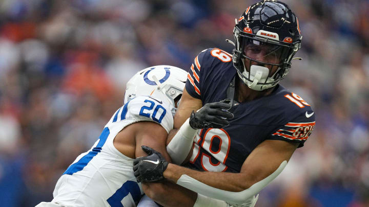 Indianapolis Colts safety Nick Cross (20) tackles Chicago Bears wide receiver Equanimeous St. Brown (19) during the first half of an NFL preseason game Saturday, Aug. 19, 2023, at Lucas Oil Stadium in Indianapolis.