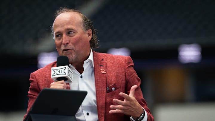 University of Houston Head Coach Dana Holgorsen talks in an interview with ESPN during the first day of Big 12 Media Days in AT&T Stadium in Arlington, Texas, July 12, 2023. University of Houston Head Coach Dana Holgorsen talks in an interview with ESPN during the first day of Big 12 Media Days in AT&T Stadium in Arlington, Texas, July 12, 2023.