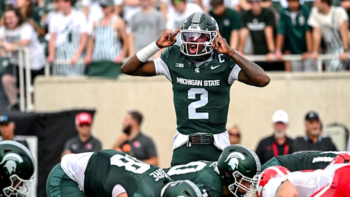 Michigan State's Aiden Chiles communicates with teammates before the snap against Youngstown State during the second quarter on Saturday, Sept. 13, 2025, at Spartan Stadium in East Lansing.