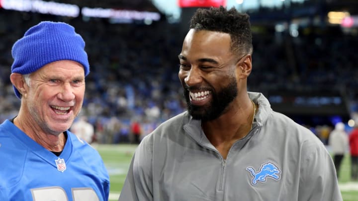 Jan 21, 2024; Detroit, Michigan, USA; Red Hot Chili Peppers drummer Chad Smith and Lions great Calvin Johnson before the NFC divisional playoff game between the Lions and Buccaneers at Ford Field. Mandatory Credit: Eric Seals-USA TODAY Sports Jan 21, 2024; Detroit, Michigan, USA; Red Hot Chili Peppers drummer Chad Smith and Lions great Calvin Johnson before the NFC divisional playoff game between the Lions and Buccaneers at Ford Field. Mandatory Credit: Eric Seals-USA TODAY Sports